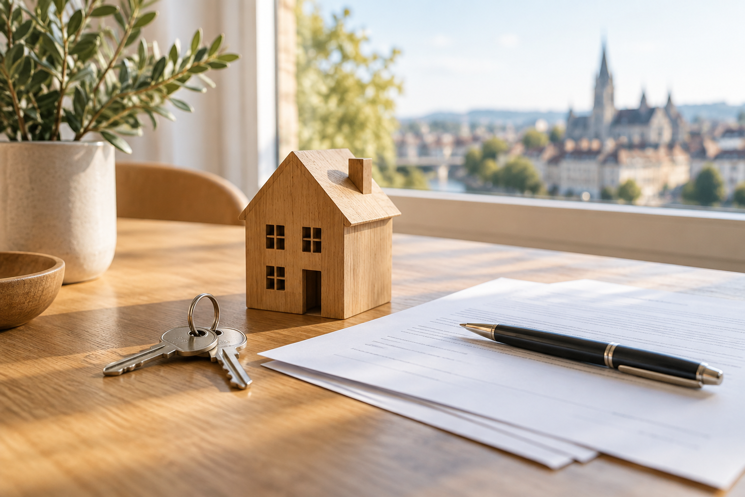 Unterlagen, Hausmodelle und Markierungen zu einer Immobilienentscheidung